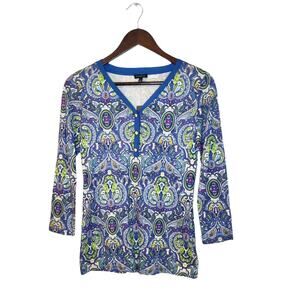 Talbots Blue Floral Paisley Printed V-Neck Long Sleeve Knit Top Size XS NWT